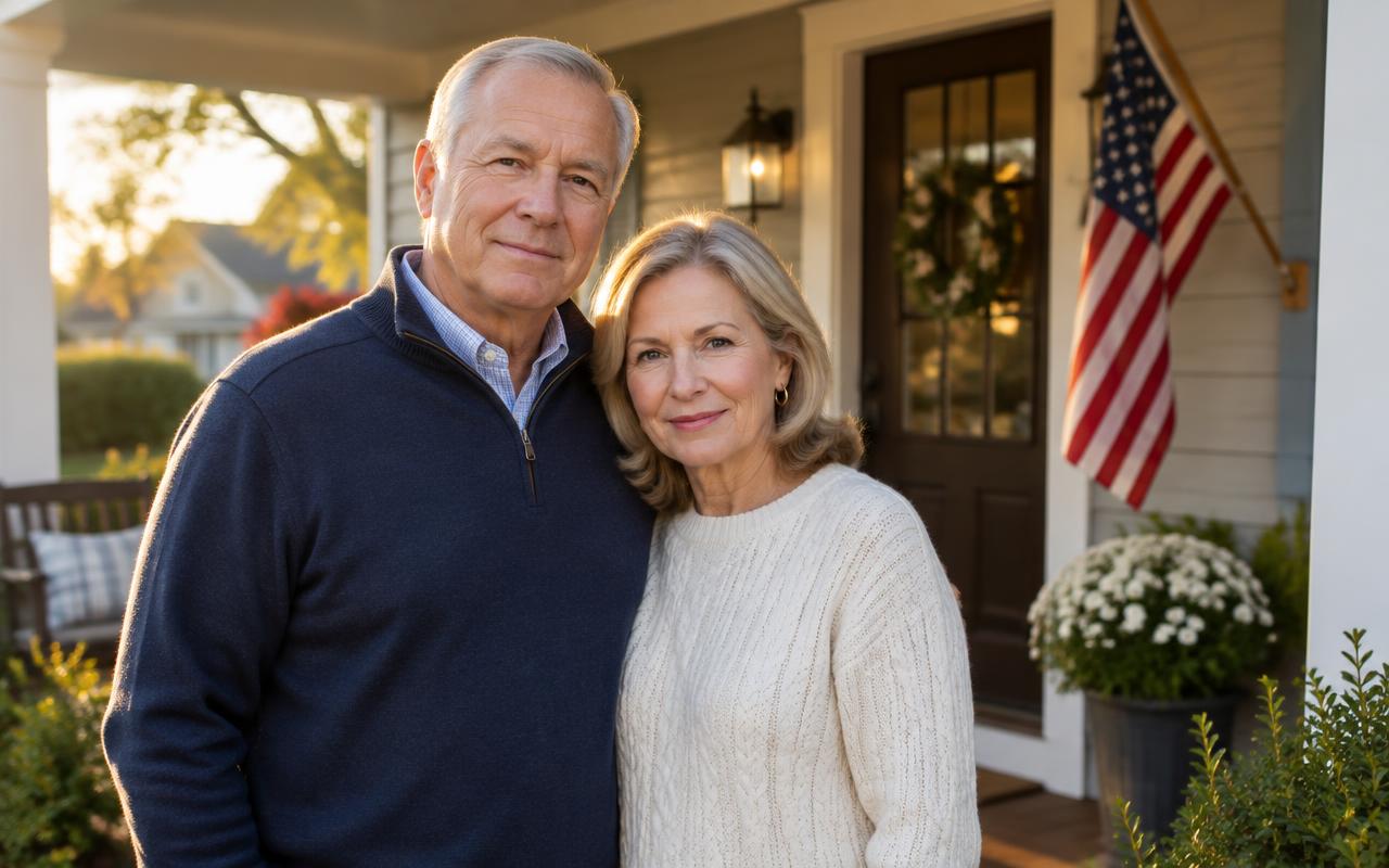 Veteran and his spouse standing on the porch of their home beside an American flag